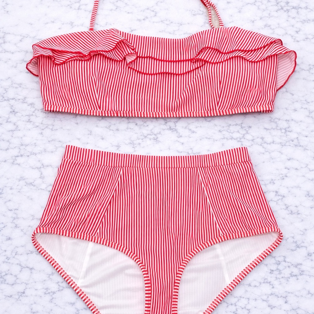 White Birch Red Stripe Ruffle Bikini Set High Waist XL Boutique